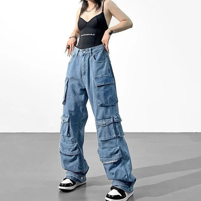 DAMEN CARGO JEANS MIT MEHREREN TASCHEN GEWASCHEN Blau / S