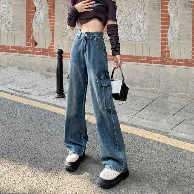 FASHION DAMEN HIGH WAIST CARGO JEANS Blau / S