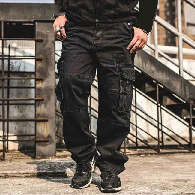 HERREN DENIM CARGO HOSE IN GROSSEN GRÖSSEN Schwarz / L