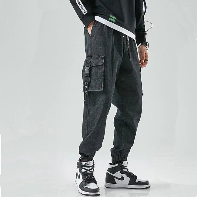 HERREN JEANS CARGO HOSE MIT GÜRTEL Schwarz / XS