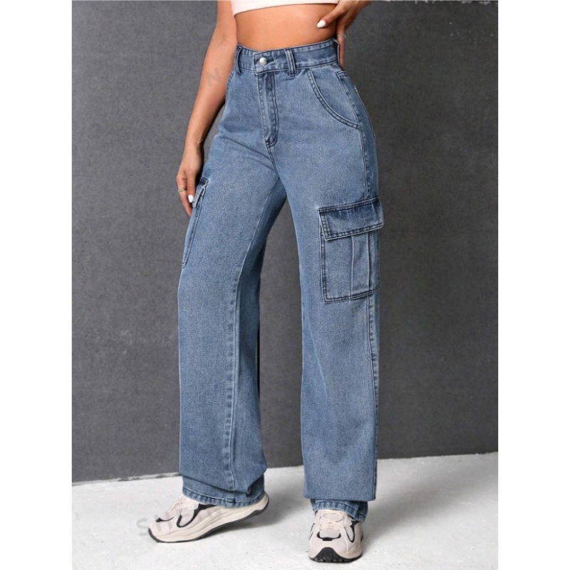 HOCH GESCHNITTENE CARGO JEANS USED LOOK