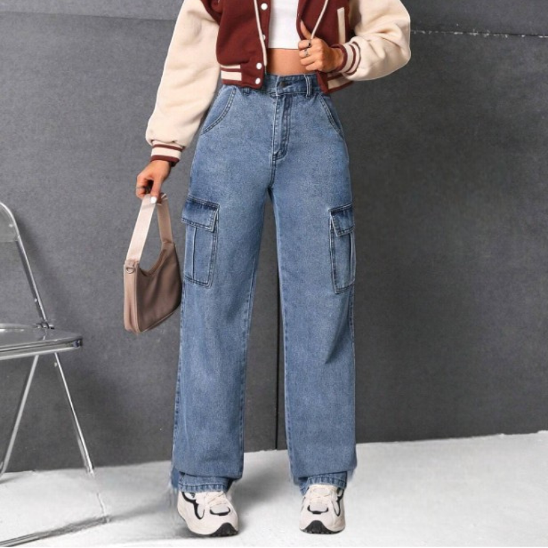 HOCH GESCHNITTENE CARGO JEANS USED LOOK Blau / S
