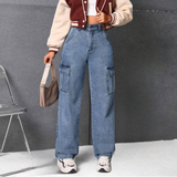 HOCH GESCHNITTENE CARGO JEANS USED LOOK Blau / S