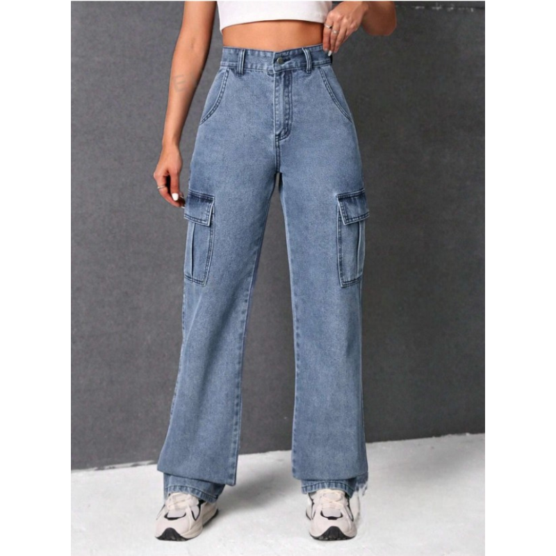 HOCH GESCHNITTENE CARGO JEANS USED LOOK