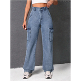 HOCH GESCHNITTENE CARGO JEANS USED LOOK
