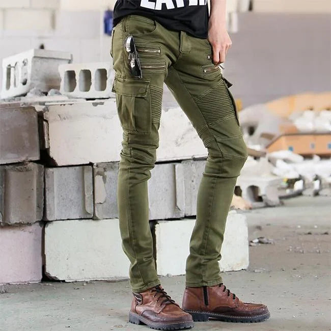 SKINNY CARGO JEANS BIKER STIL Khaki / S