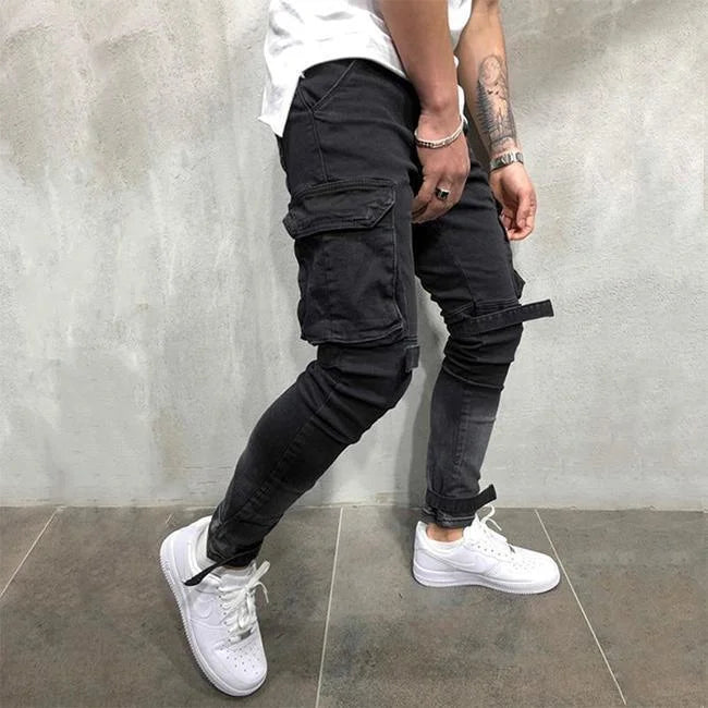 SLIM CARGO JEANS HERREN STREETWEAR Schwarz / XS