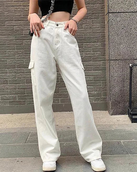 WEISSE DAMEN CARGO HOSE MIT SCHLAGSCHNITT Weiß / S